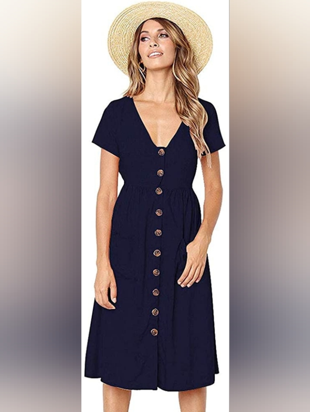 Merokeety Navy Blue V- Neck Cotton Button Down Dress With Two Side Pockets. NWT.